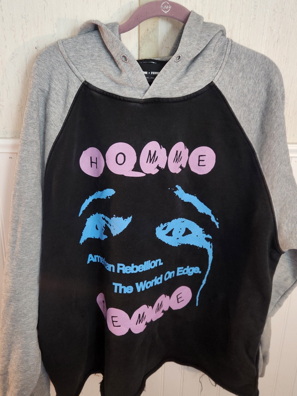 Grey & Black Graphic Hoodie Sweatshirt with Purple & Blue Print